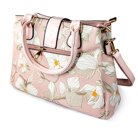 Compartment Floral Satchel Handbags with Detachable Cross-Body Strap - Synthetic Leather