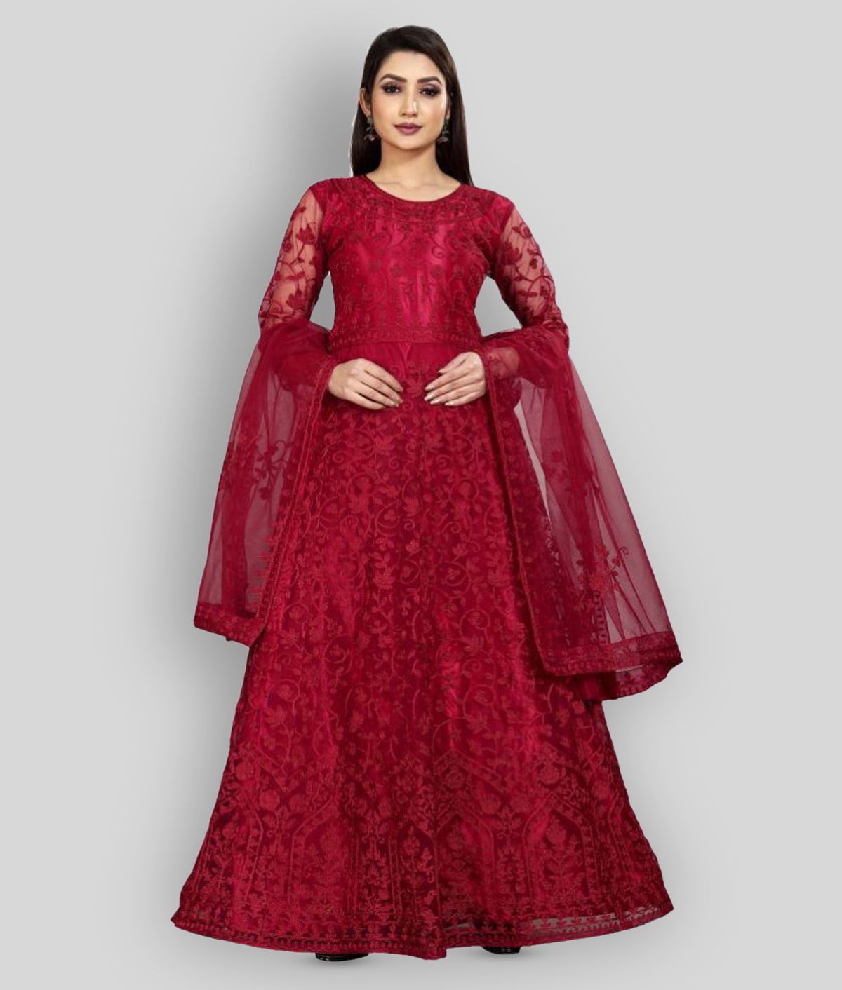 Maroon Net Ethnic Gown For Women – Buzz Shop