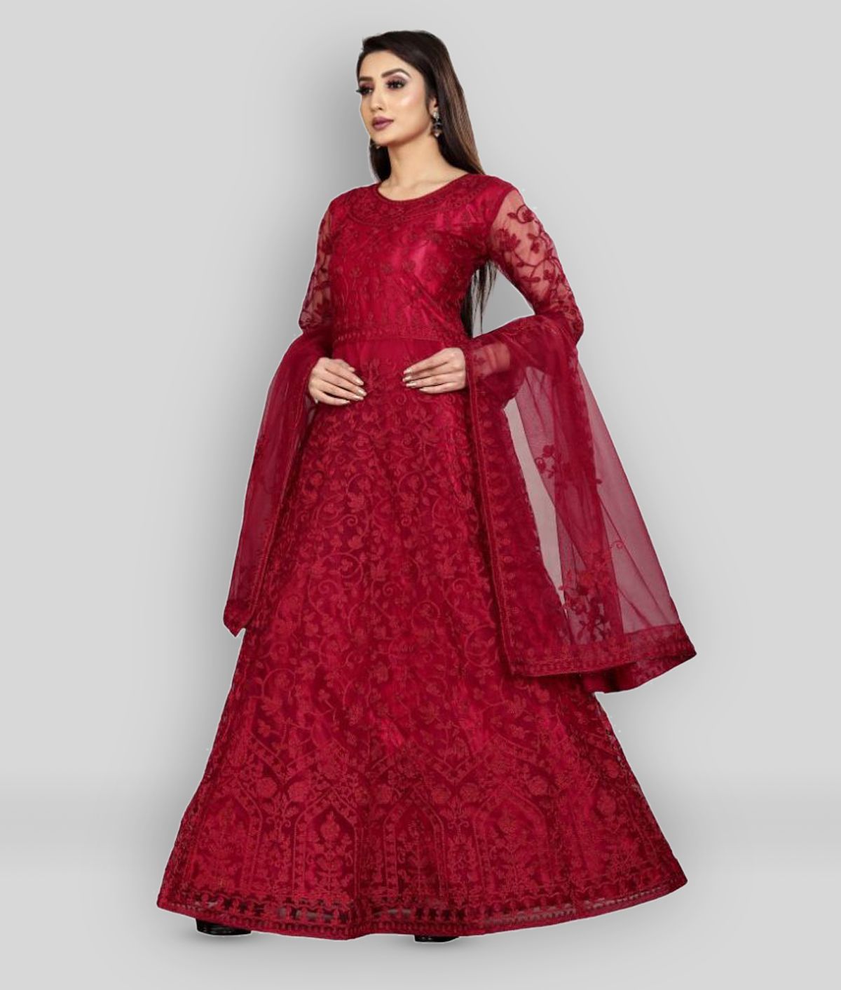 Maroon Net Ethnic Gown For Women – Buzz Shop