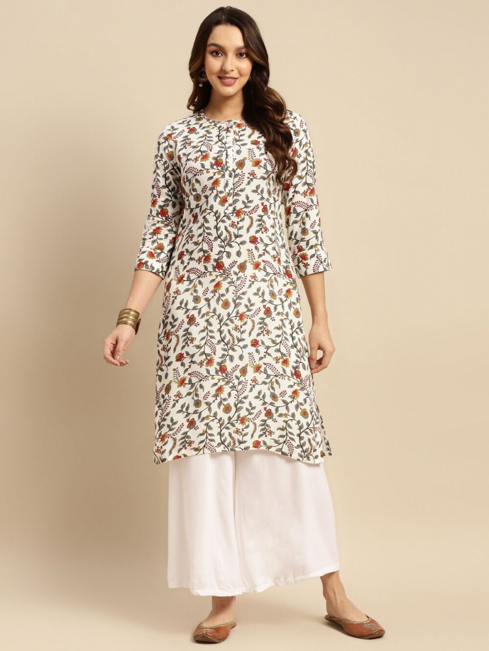 Women Rayon White Floral Printed Calf Length Straight Kurti