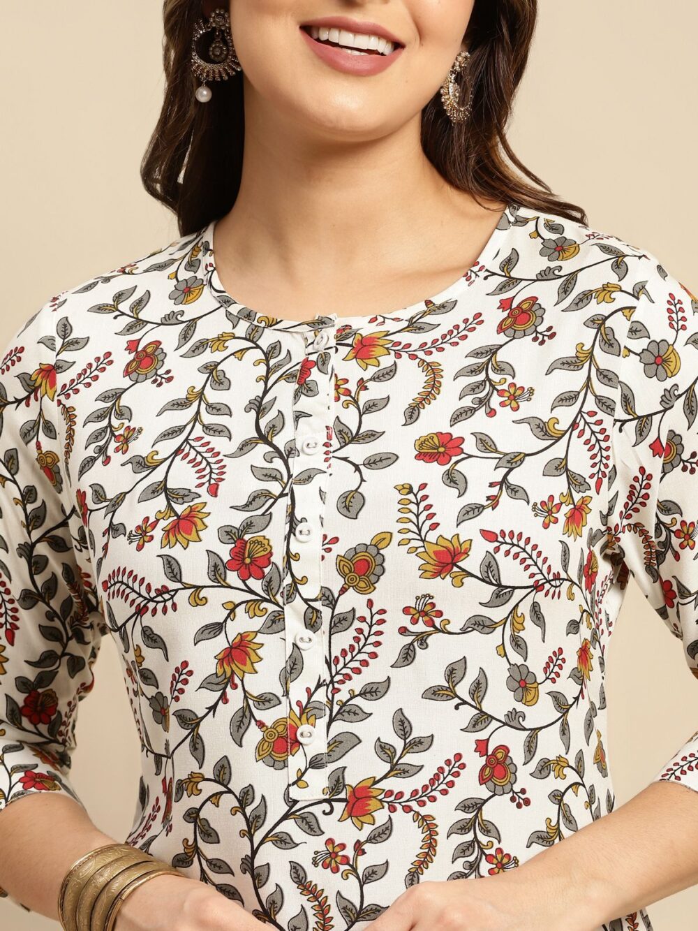 Women Rayon White Floral Printed Calf Length Straight Kurti - Image 2