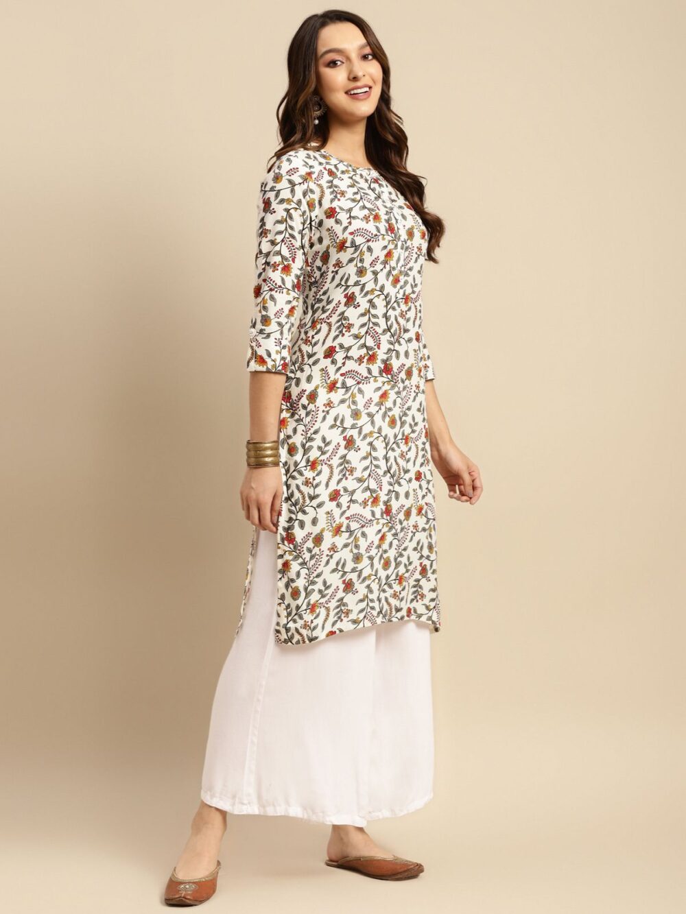 Women Rayon White Floral Printed Calf Length Straight Kurti - Image 3