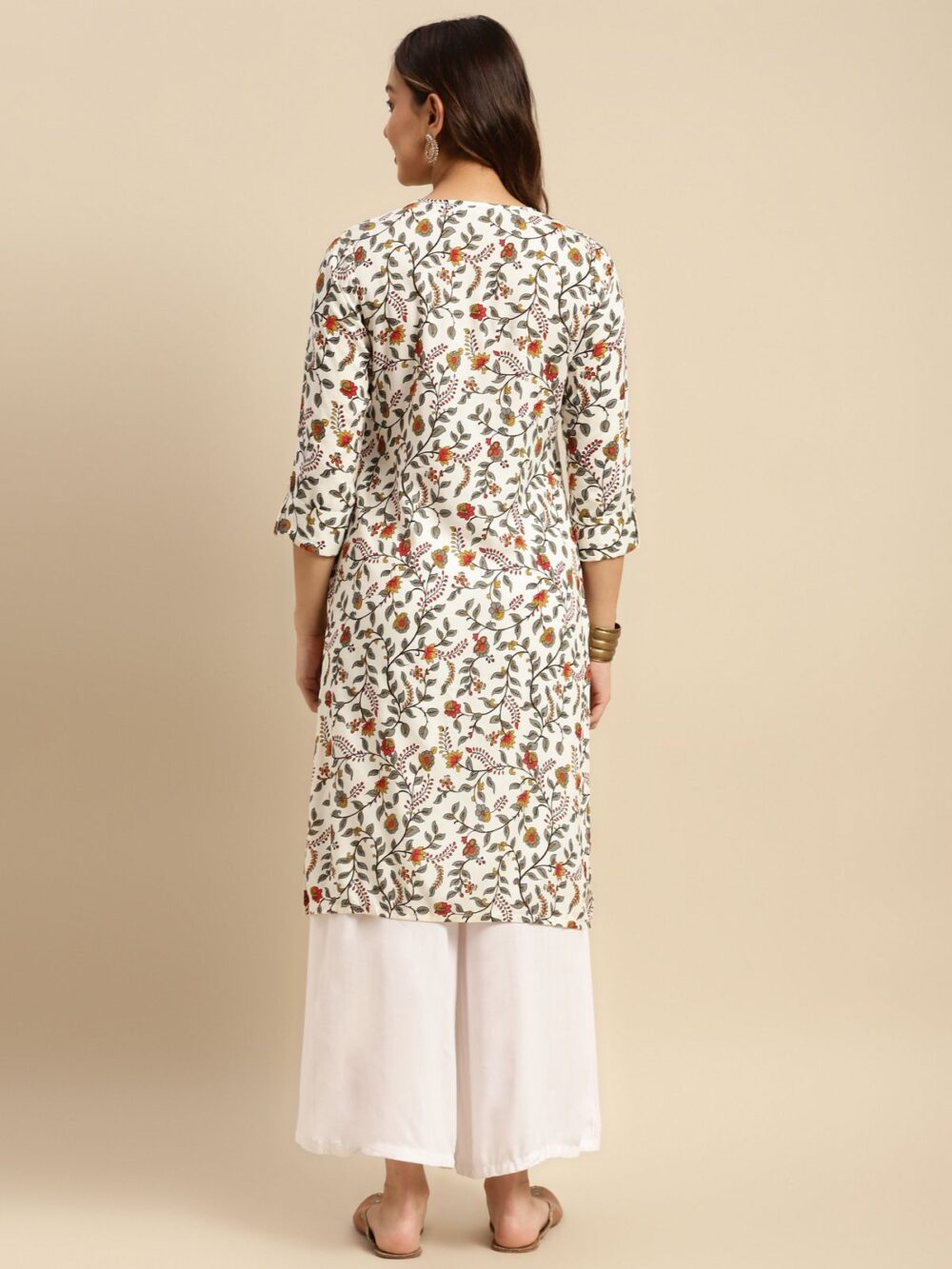 Women Rayon White Floral Printed Calf Length Straight Kurti - Image 4