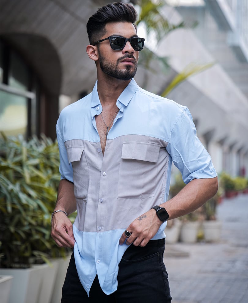 Sky Blue And Grey Panel Pocket Oversize Drop Shoulder Shirt For Men ...