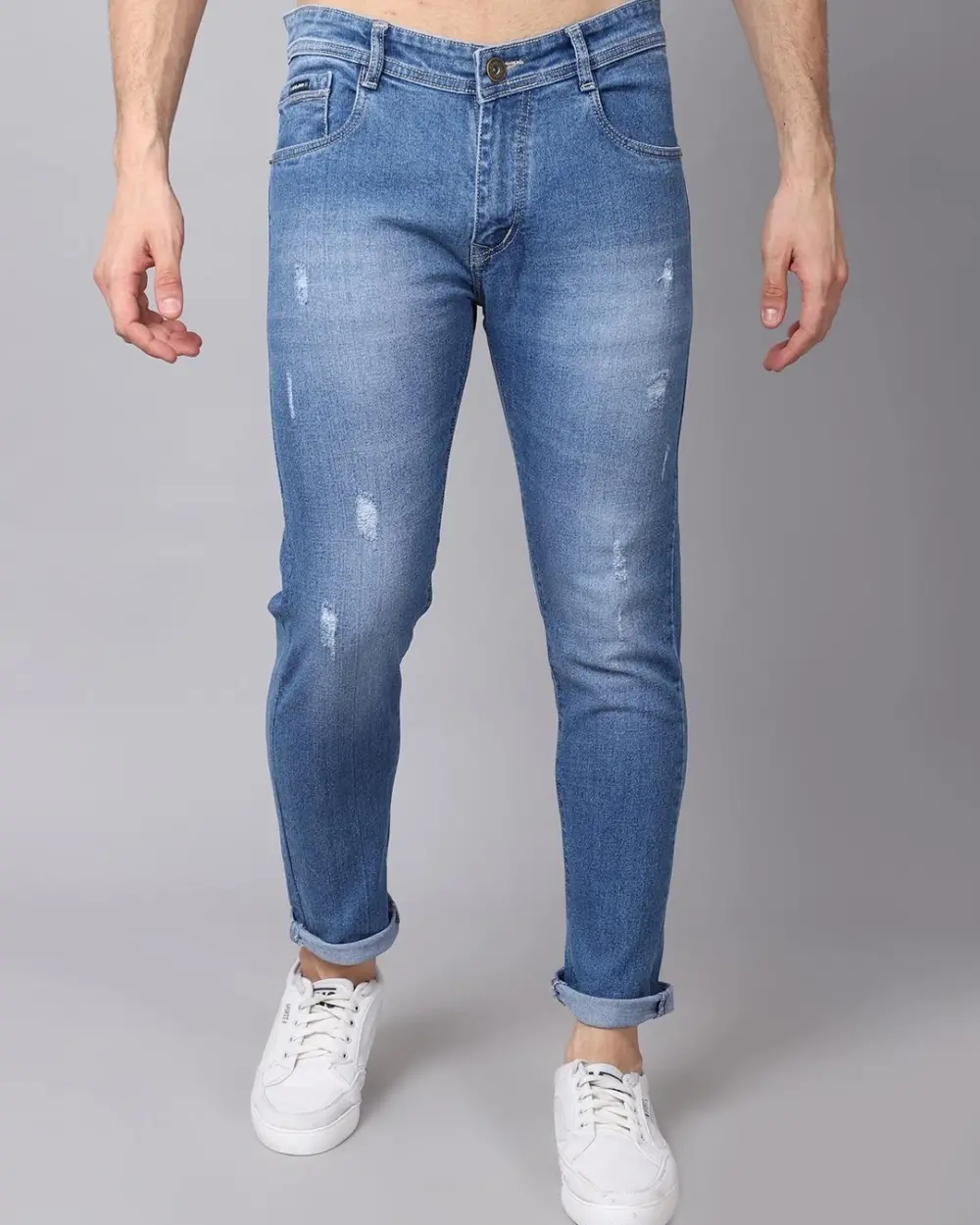 Blue Washed Distressed Slim Fit Jeans For Men - Image 2