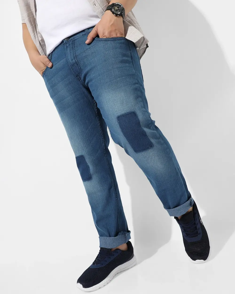 Blue Washed Plus Size Jeans For Men