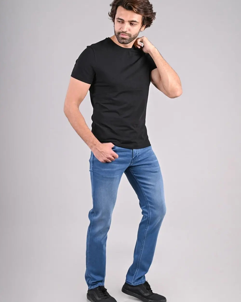 Blue Washed Slim Fit Cotton Denim Jeans For Men - Image 3