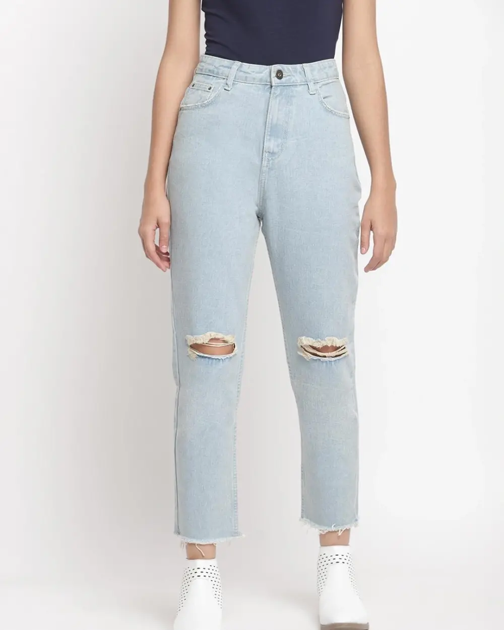 Blue Ripped Fit Cotton Denim Jeans For Women