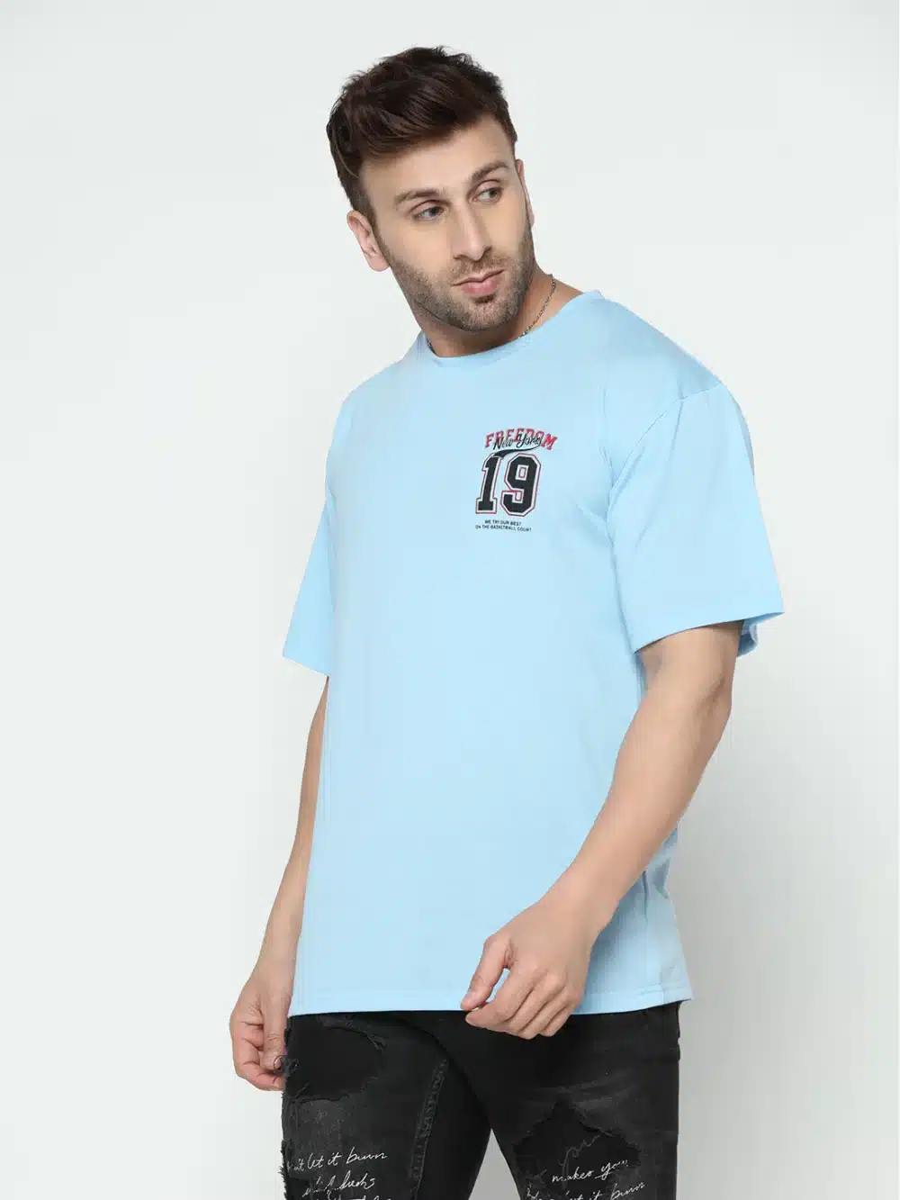 Oversized Sky Blue Printed T-Shirt For Men's - Image 2