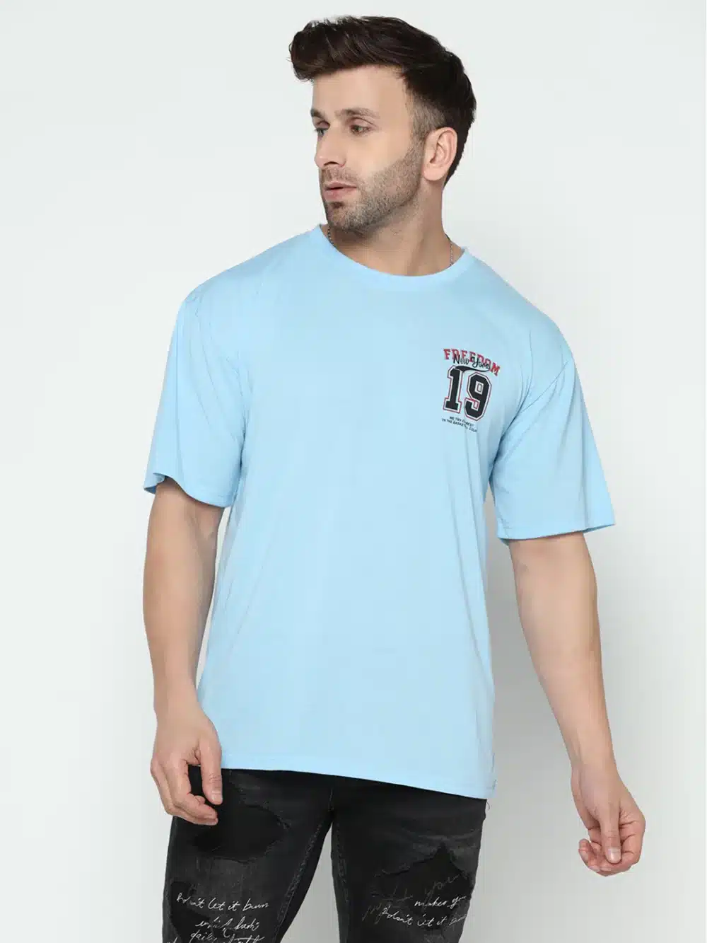 Oversized Sky Blue Printed T-Shirt For Men's - Image 3