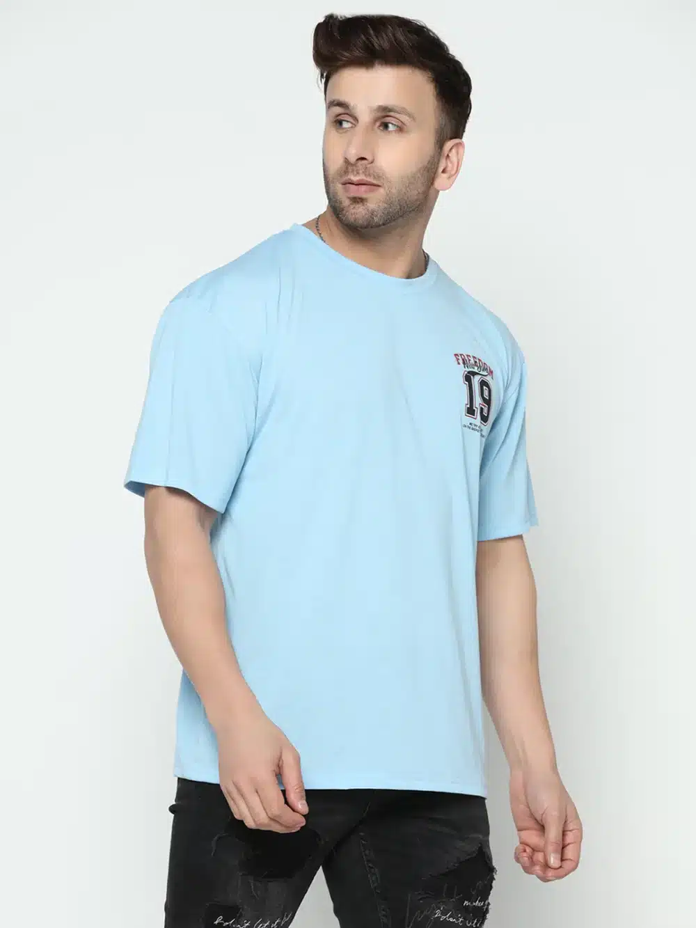 Oversized Sky Blue Printed T-Shirt For Men's - Image 4