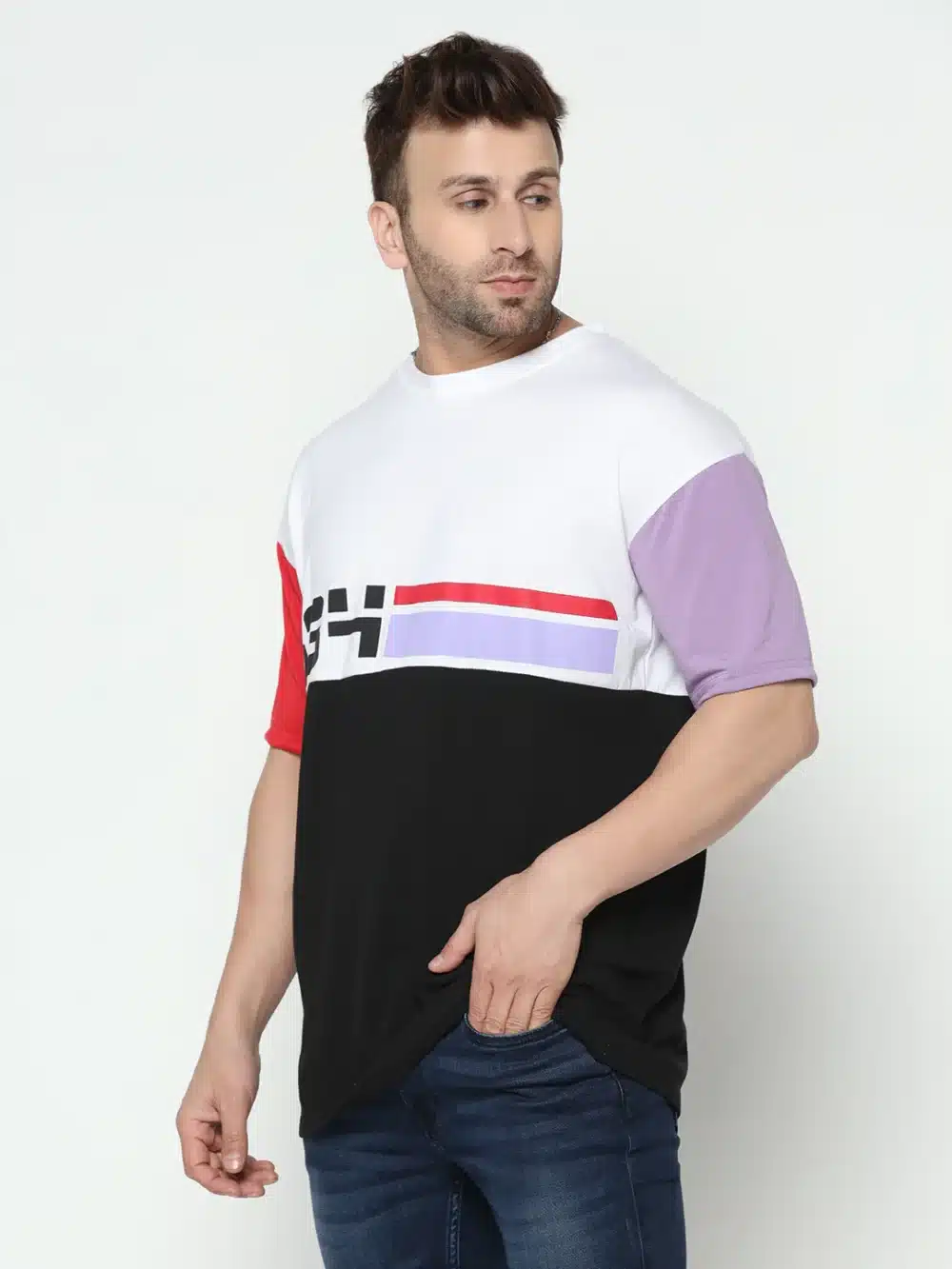 Oversized White & Black Half Sleeve Color Blocked T-Shirt - Image 3