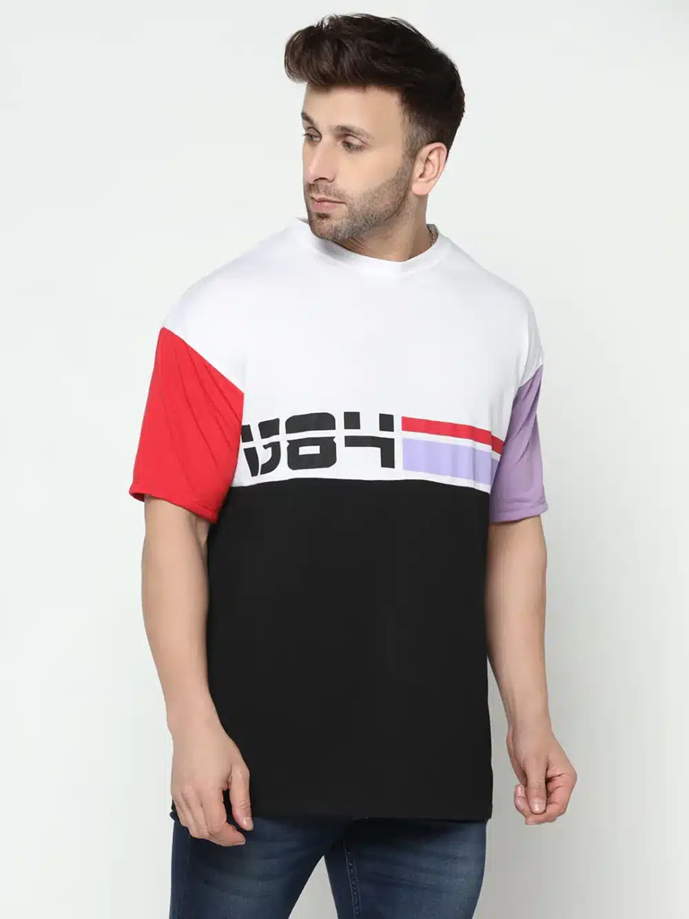 Oversized White & Black Half Sleeve Color Blocked T-Shirt - Image 4