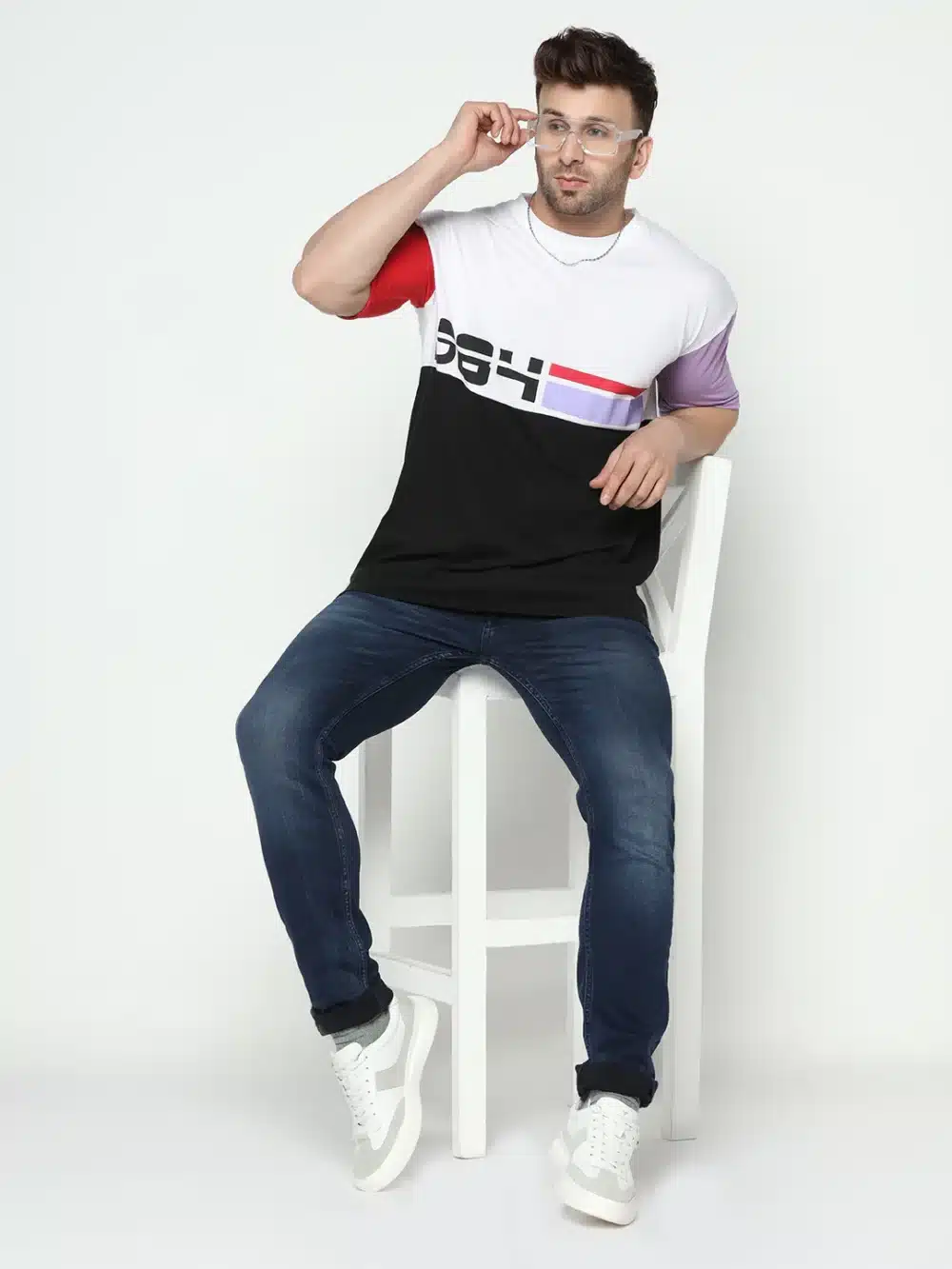 Oversized White & Black Half Sleeve Color Blocked T-Shirt - Image 6