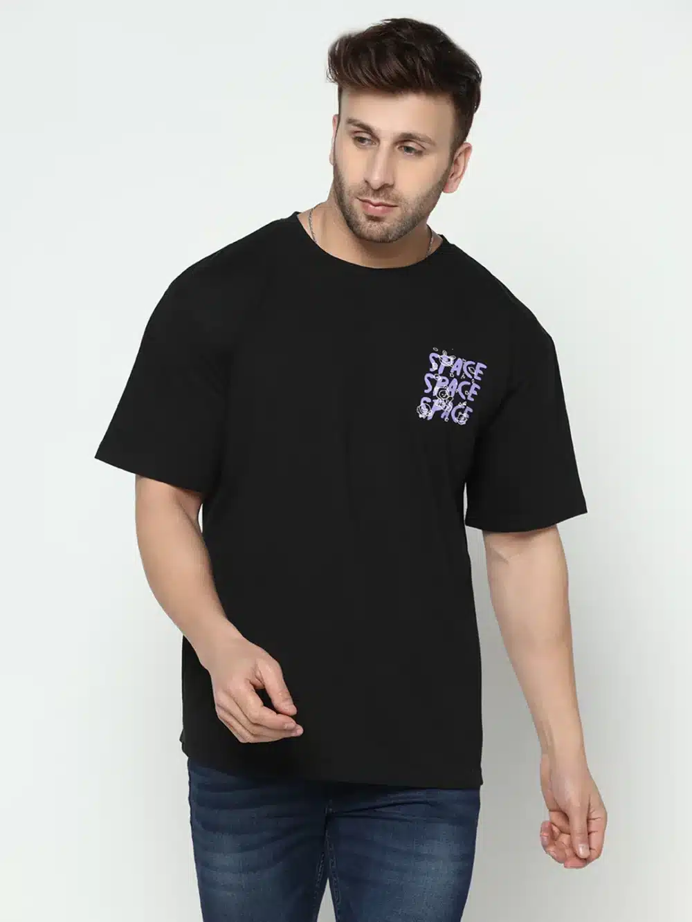 Oversized Black Half Sleeve Front and Back Space Printed T-Shirt - Image 2