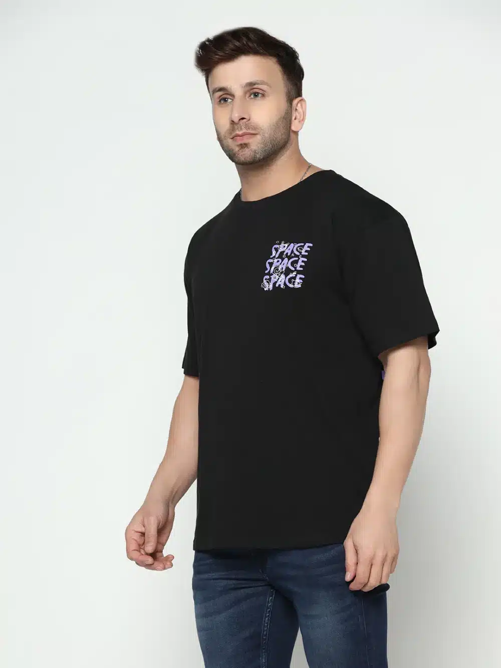 Oversized Black Half Sleeve Front and Back Space Printed T-Shirt - Image 3