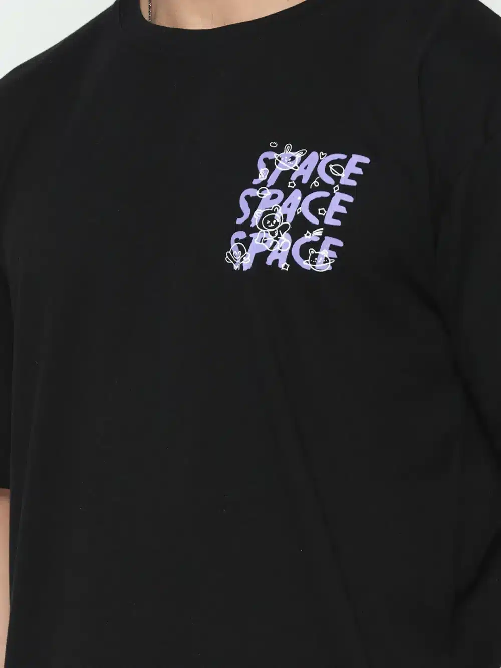 Oversized Black Half Sleeve Front and Back Space Printed T-Shirt - Image 5