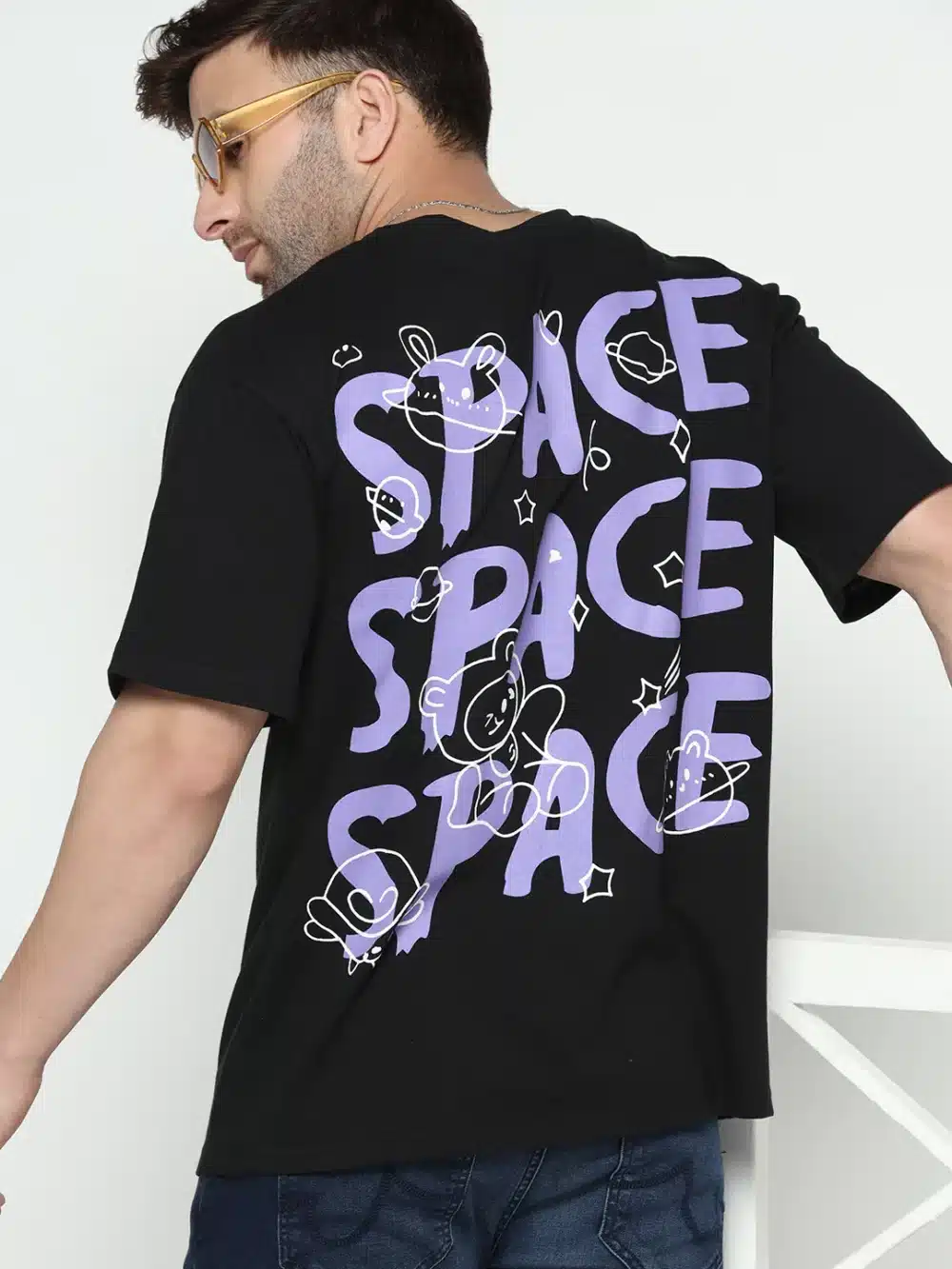 Oversized Black Half Sleeve Front and Back Space Printed T-Shirt