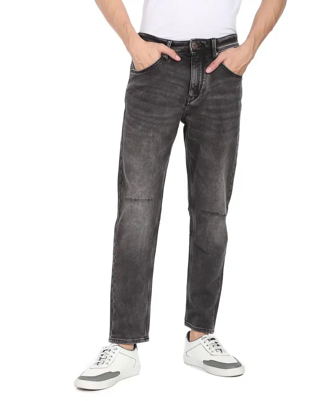 Men Black Stone Wash Ankle Fit Mid Rise Jeans