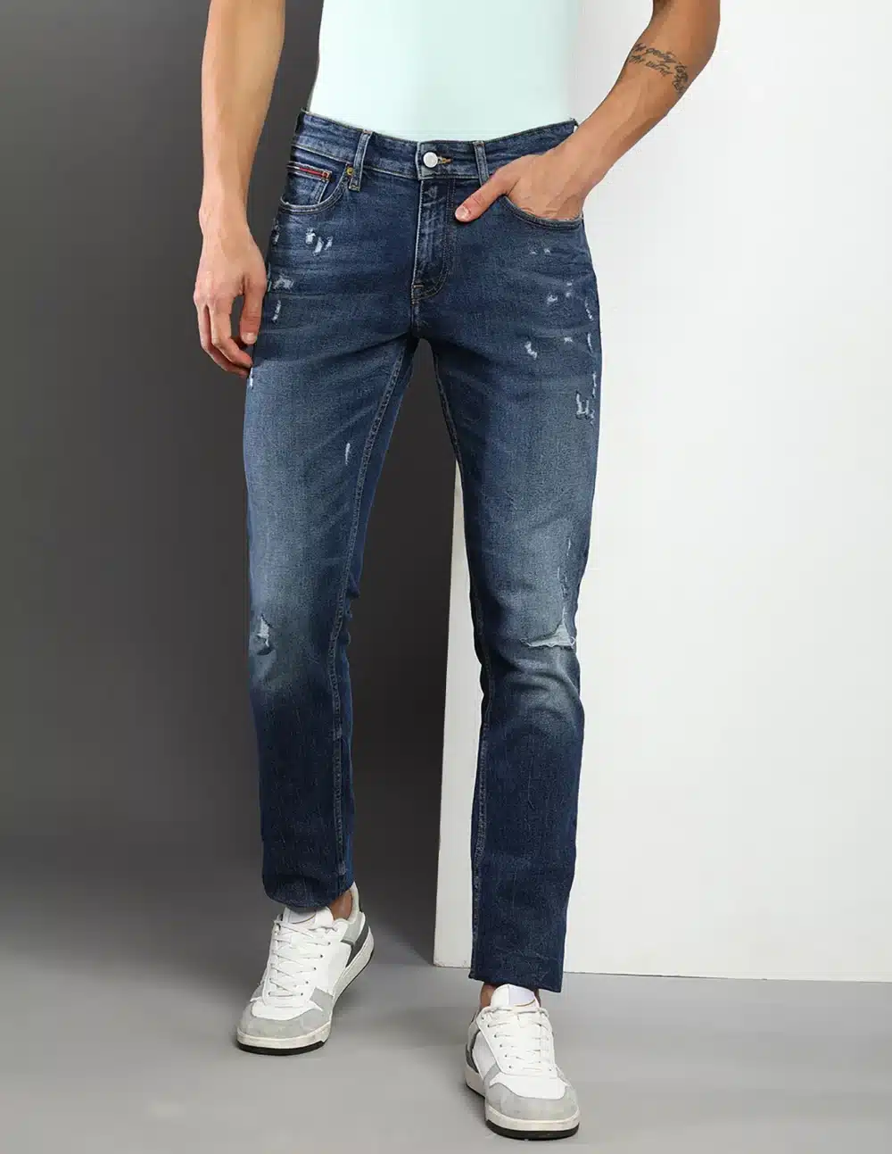 Whiskered Mid Rise Slim Fit Jeans For Men