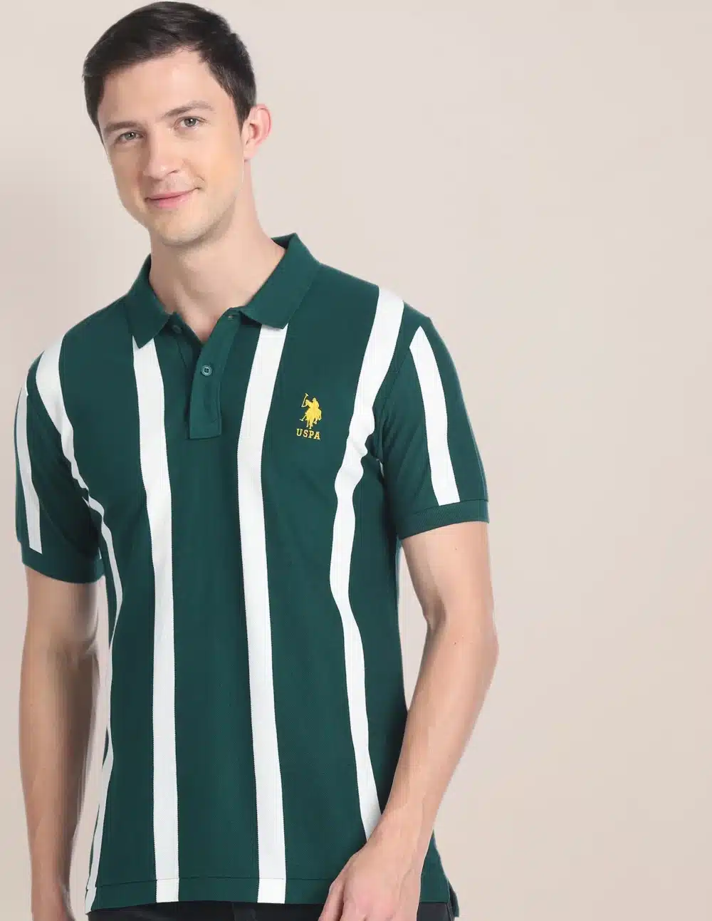 Vertical Stripe Cotton Green Polo T-Shirt