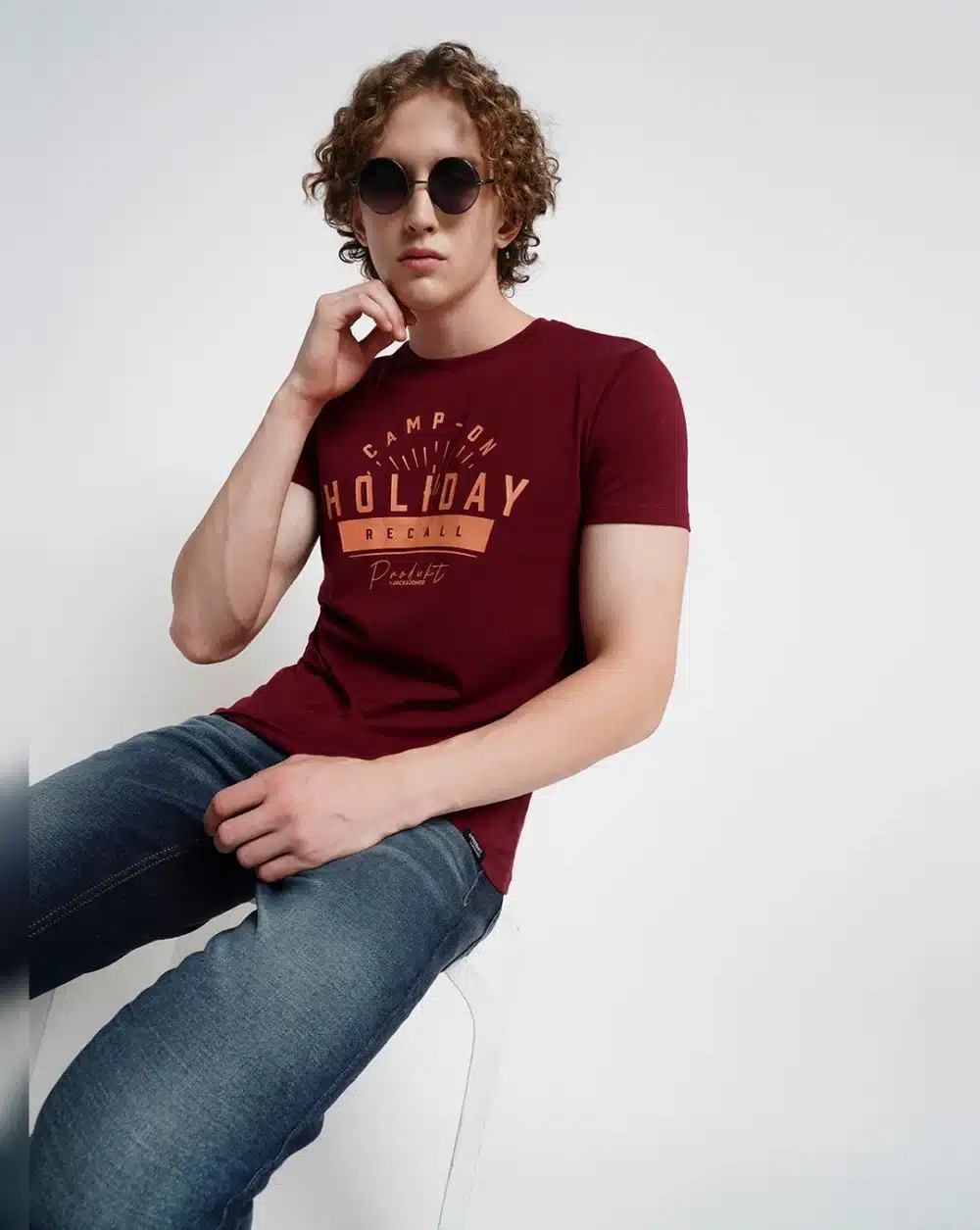 Dark Red Printed Crew Neck T-Shirt - Image 5