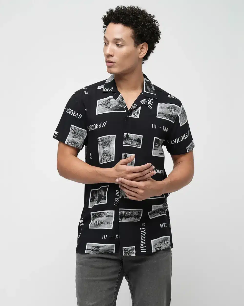 Black Printed Short Sleeves Shirt For Men