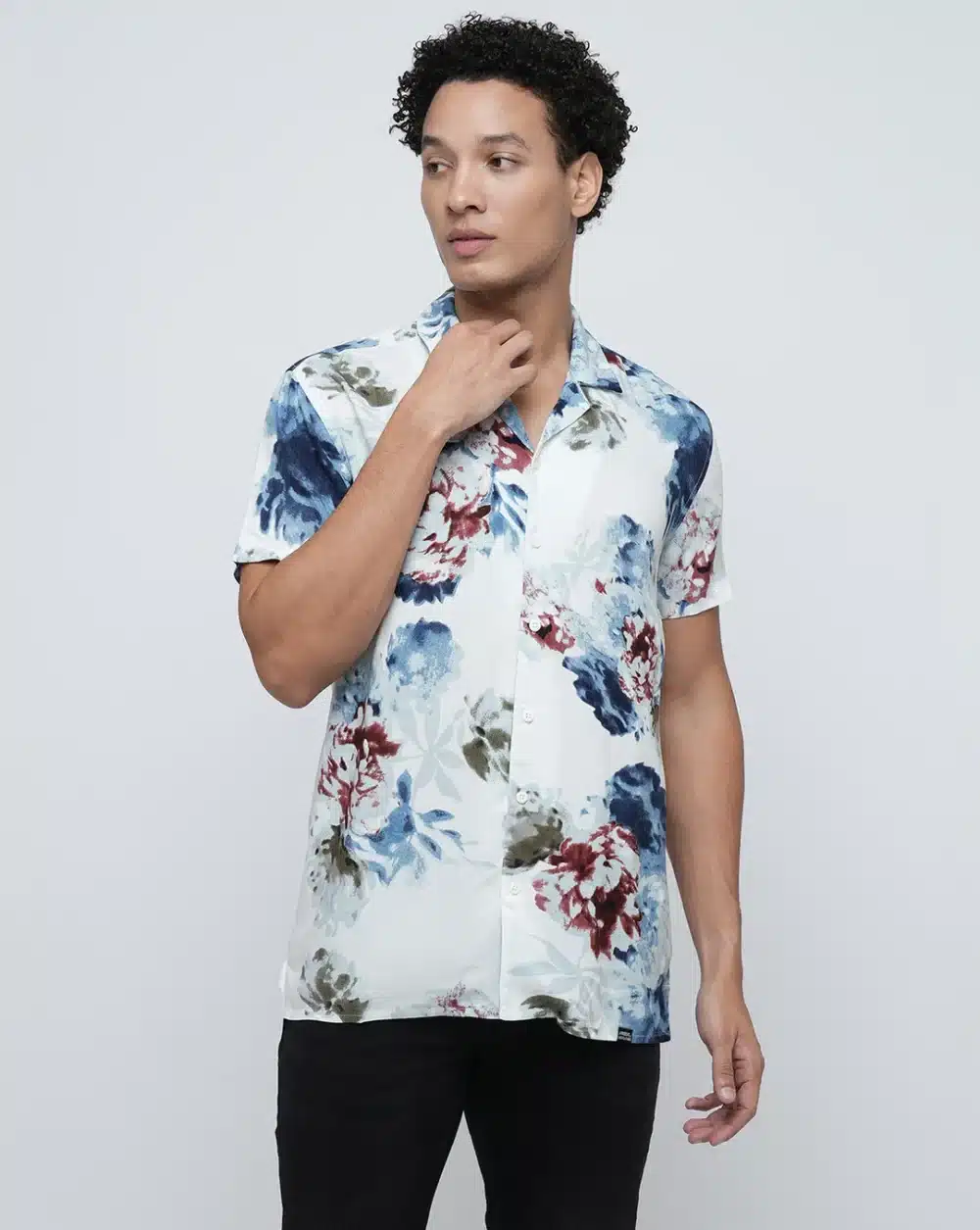 White Floral Short Sleeves Shirt For Men