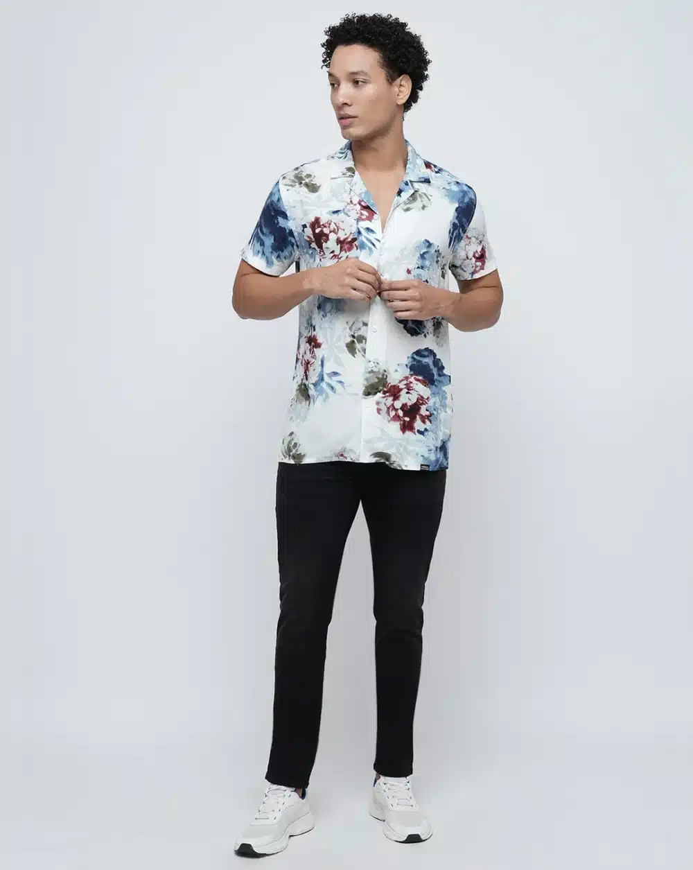 White Floral Short Sleeves Shirt For Men - Image 5