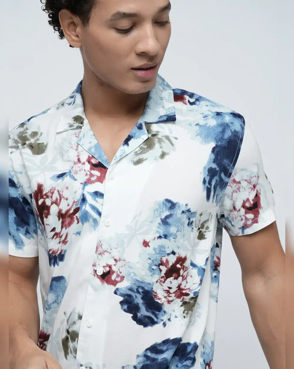 White Floral Short Sleeves Shirt For Men - Image 6