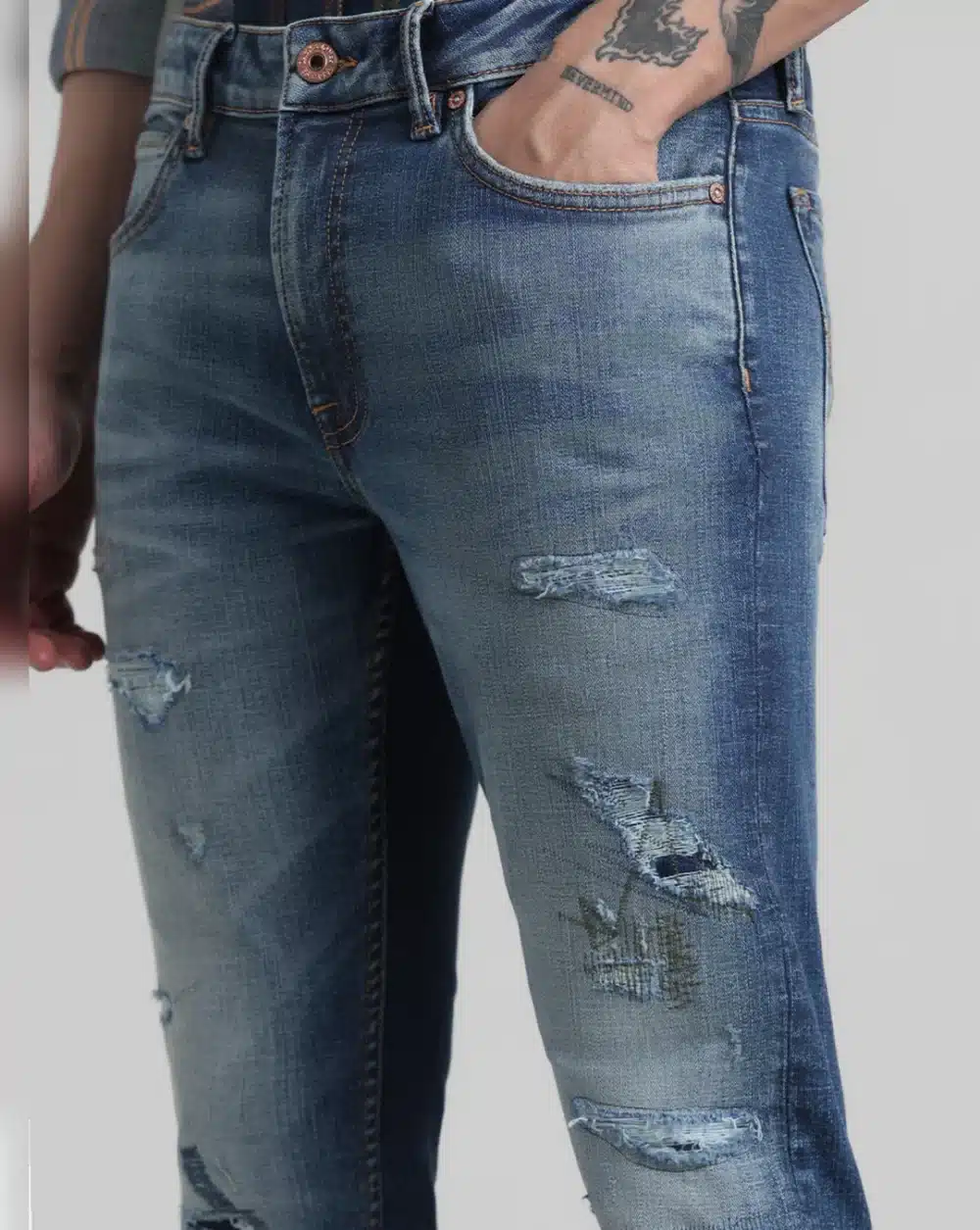 Dark Blue Low Rise Distressed Ben Skinny Jeans - Image 4