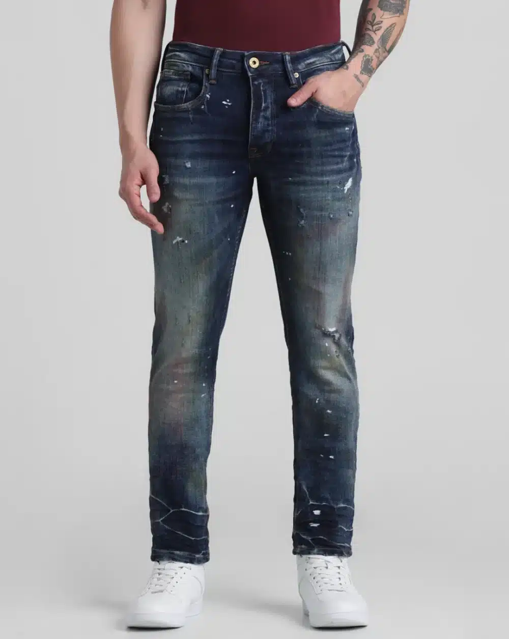 Dark Blue Low Rise Distressed Glenn Slim Fit Jeans