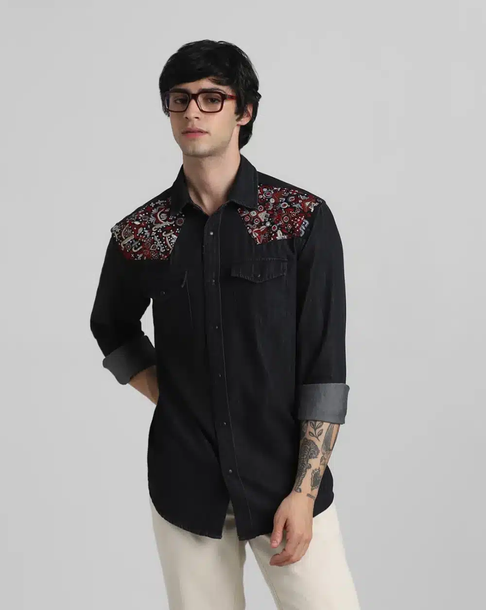 Black Embroidered Patch Denim Shirt