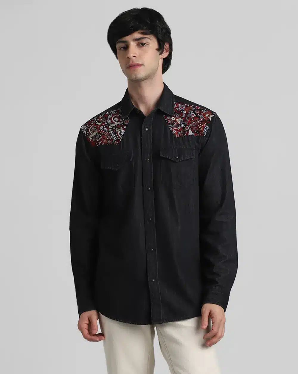 Black Embroidered Patch Denim Shirt - Image 2