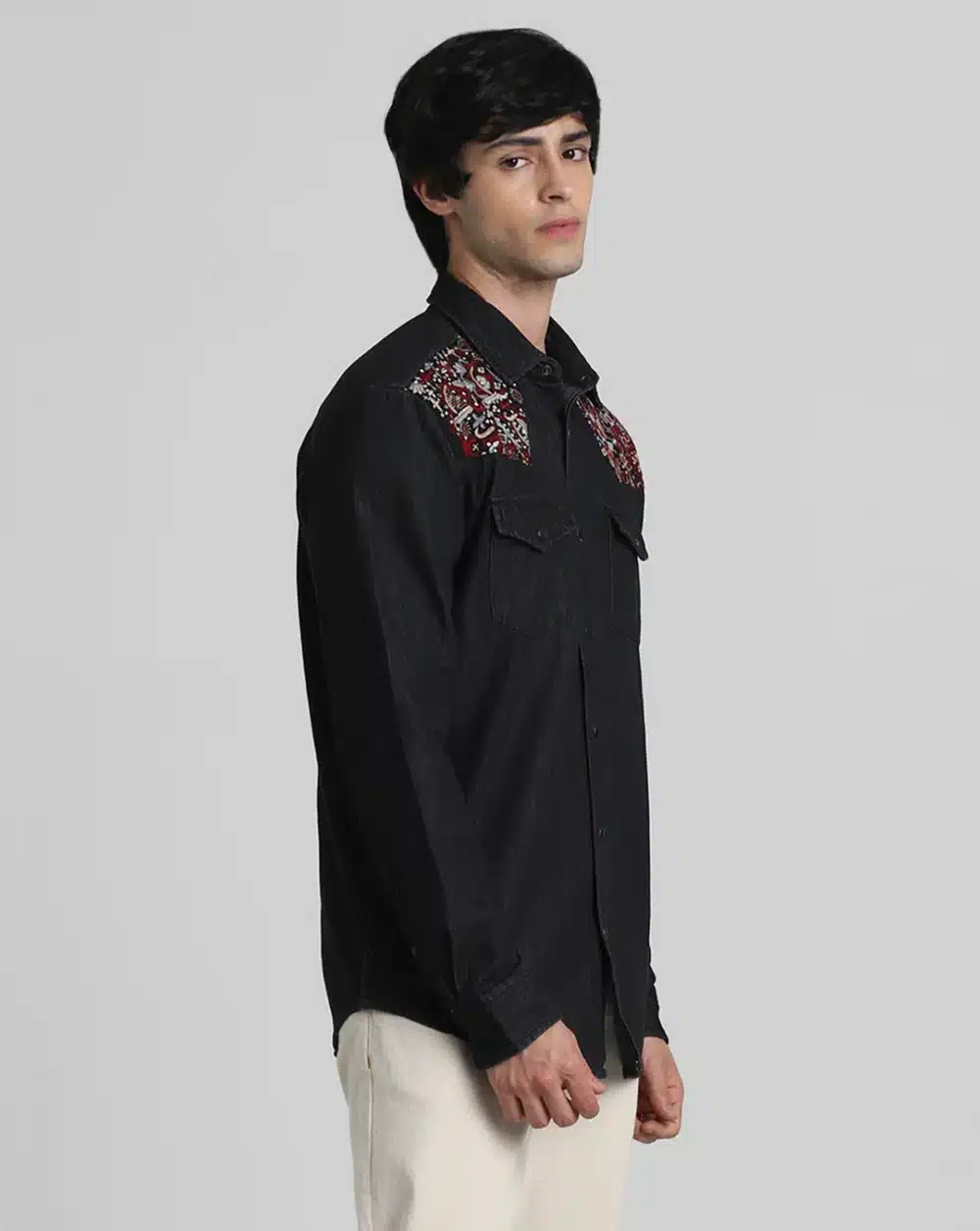 Black Embroidered Patch Denim Shirt - Image 3