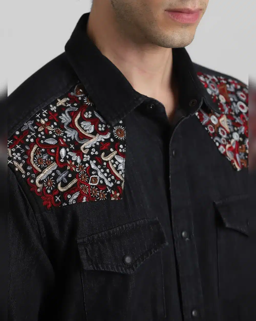 Black Embroidered Patch Denim Shirt - Image 5