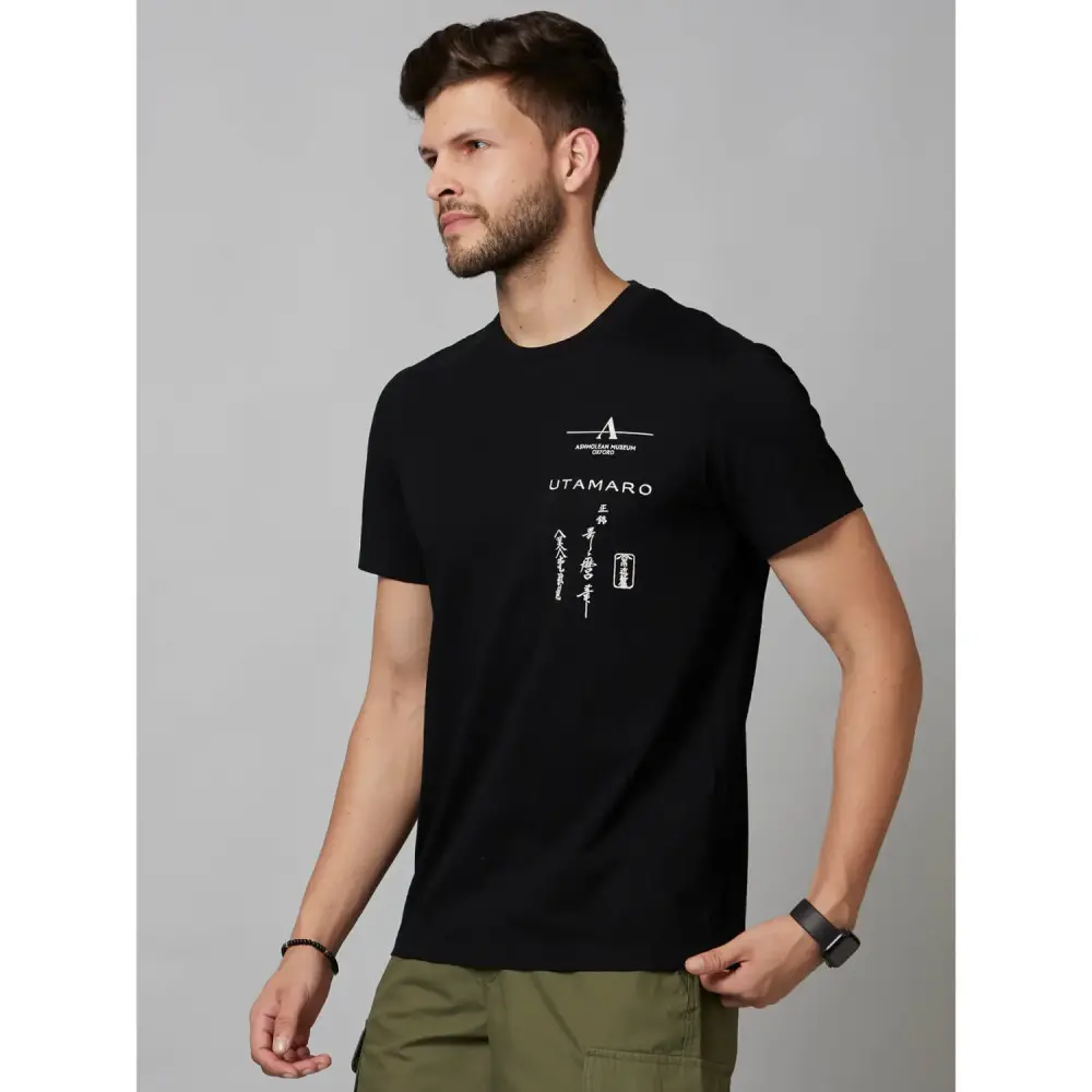 Black Graphic Printed Short Sleeve Cotton T-Shirts - Image 2