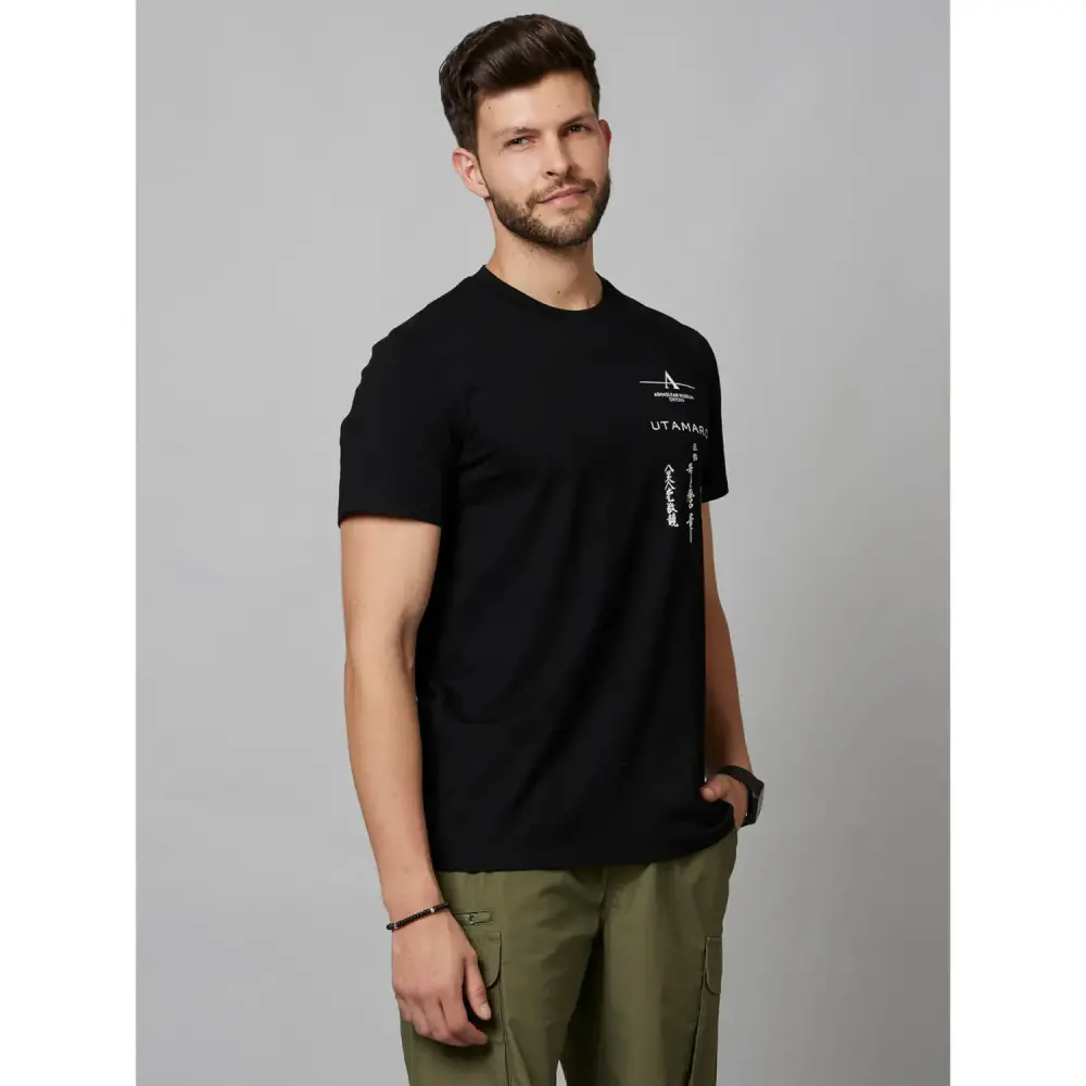 Black Graphic Printed Short Sleeve Cotton T-Shirts - Image 3