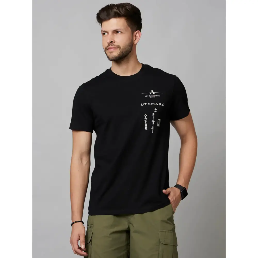 Black Graphic Printed Short Sleeve Cotton T-Shirts - Image 4