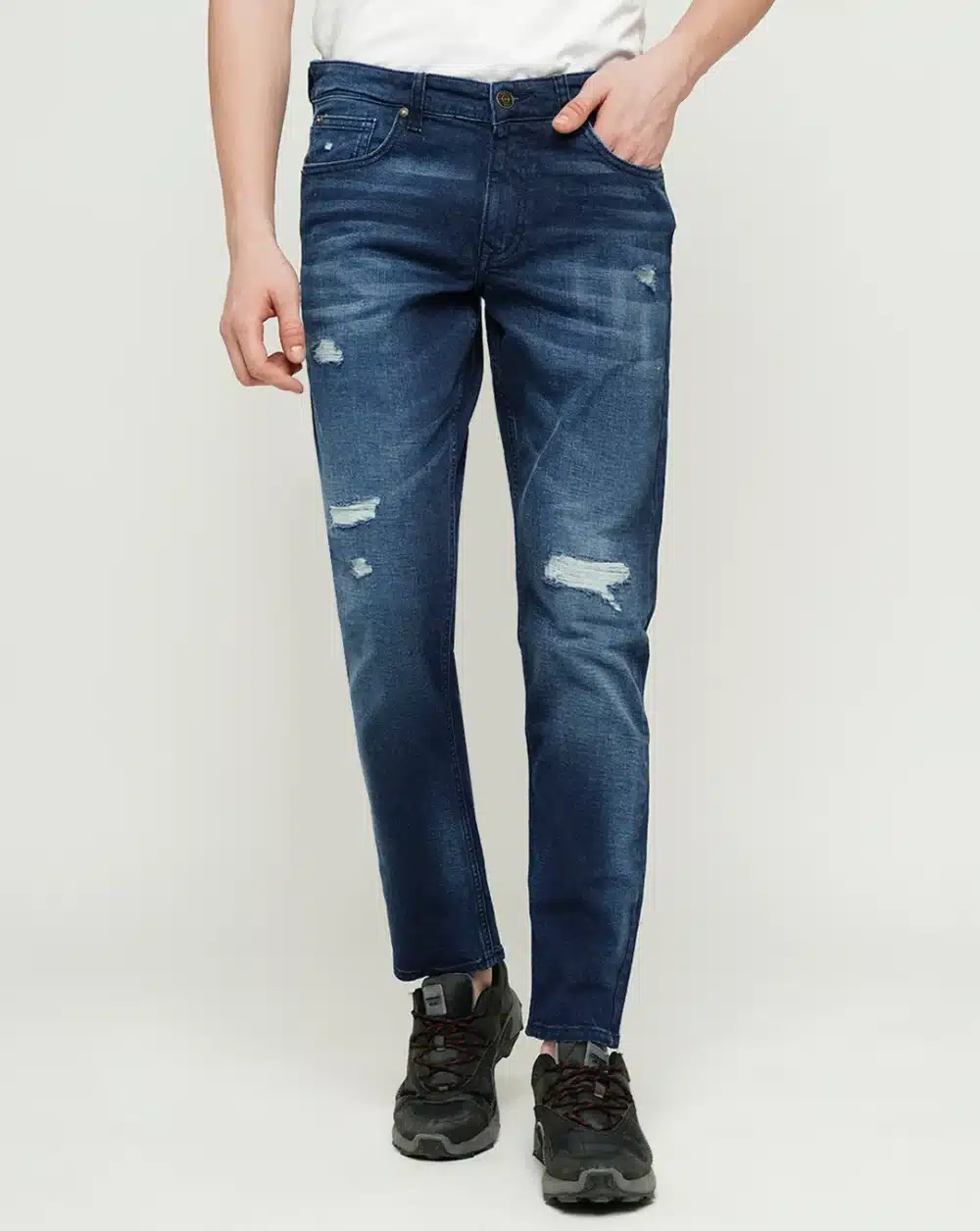 Dark Blue Mid Rise Distressed Slim Fit Jeans