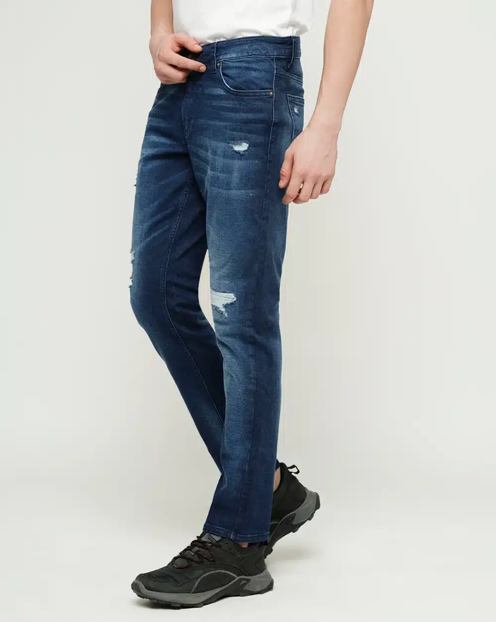 Dark Blue Mid Rise Distressed Slim Fit Jeans - Image 3