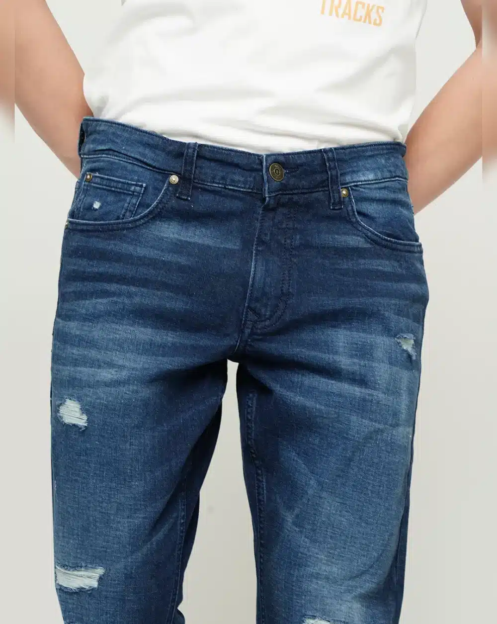 Dark Blue Mid Rise Distressed Slim Fit Jeans - Image 6