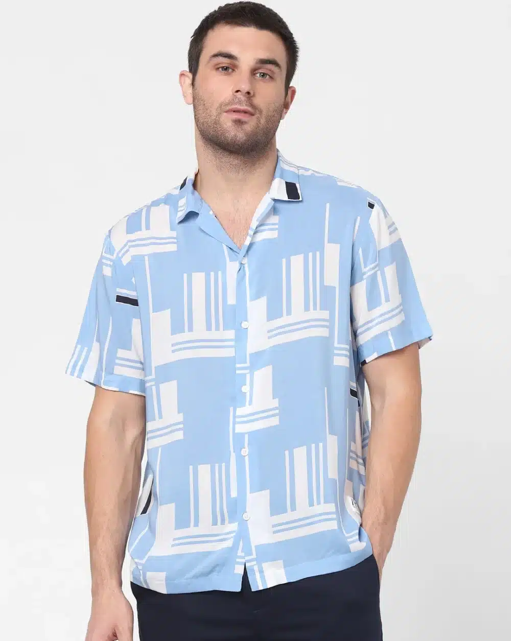 Blue All Over Print Short Sleeves Shirt For Men