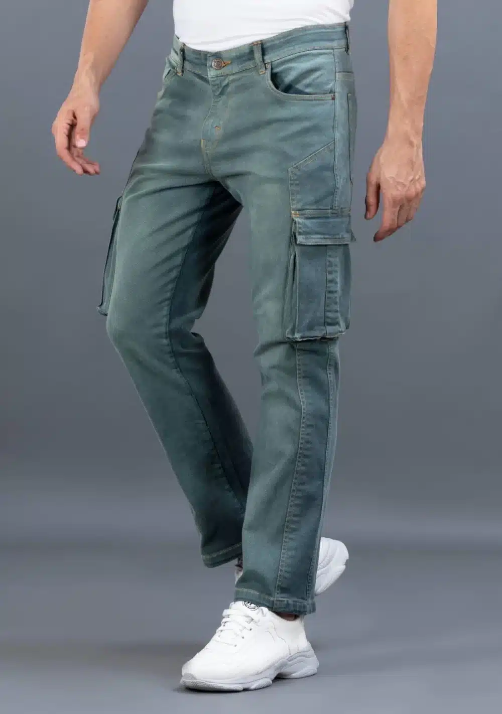 Green Straight Fit Men's Cargo Jeans - Image 3