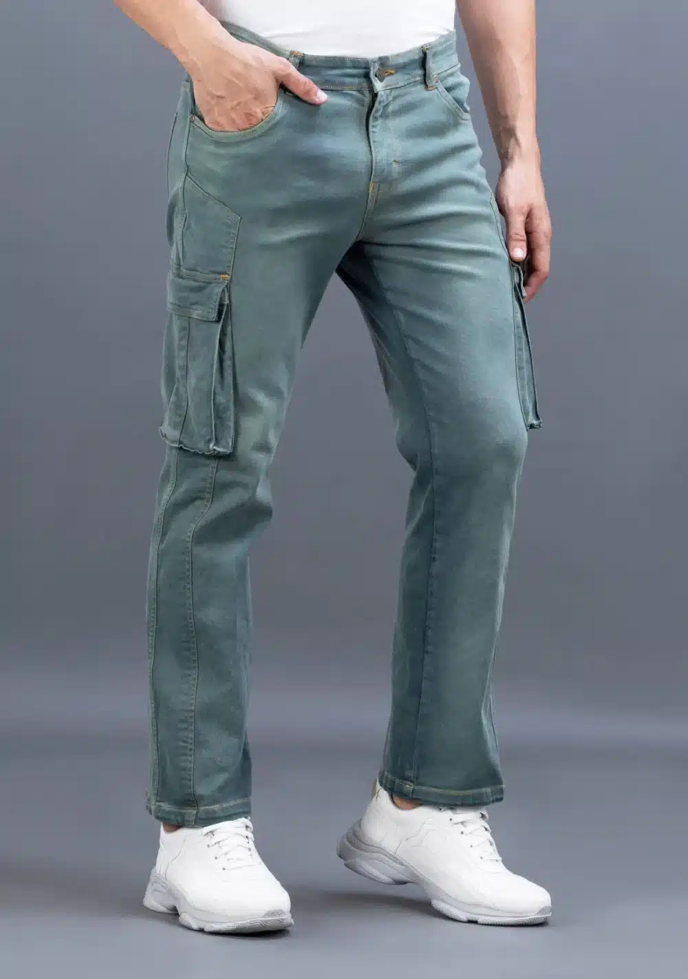 Green Straight Fit Men's Cargo Jeans - Image 4