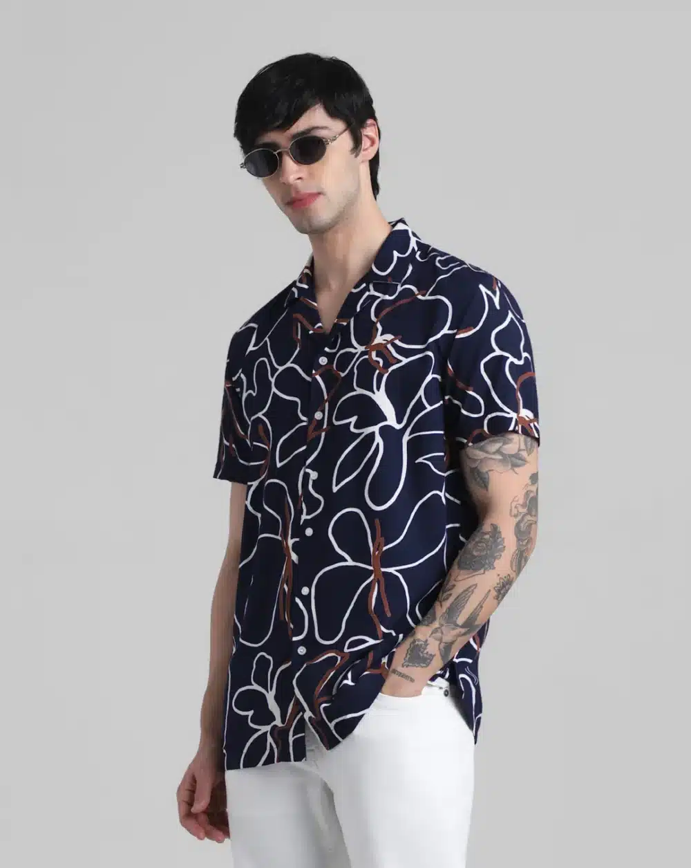 Navy Blue Abstract Print Shirt For Men