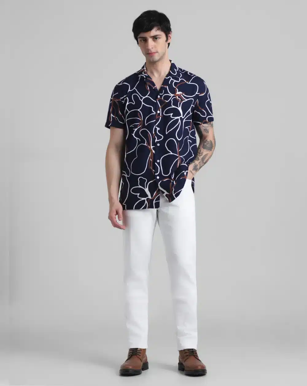 Navy Blue Abstract Print Shirt For Men - Image 6