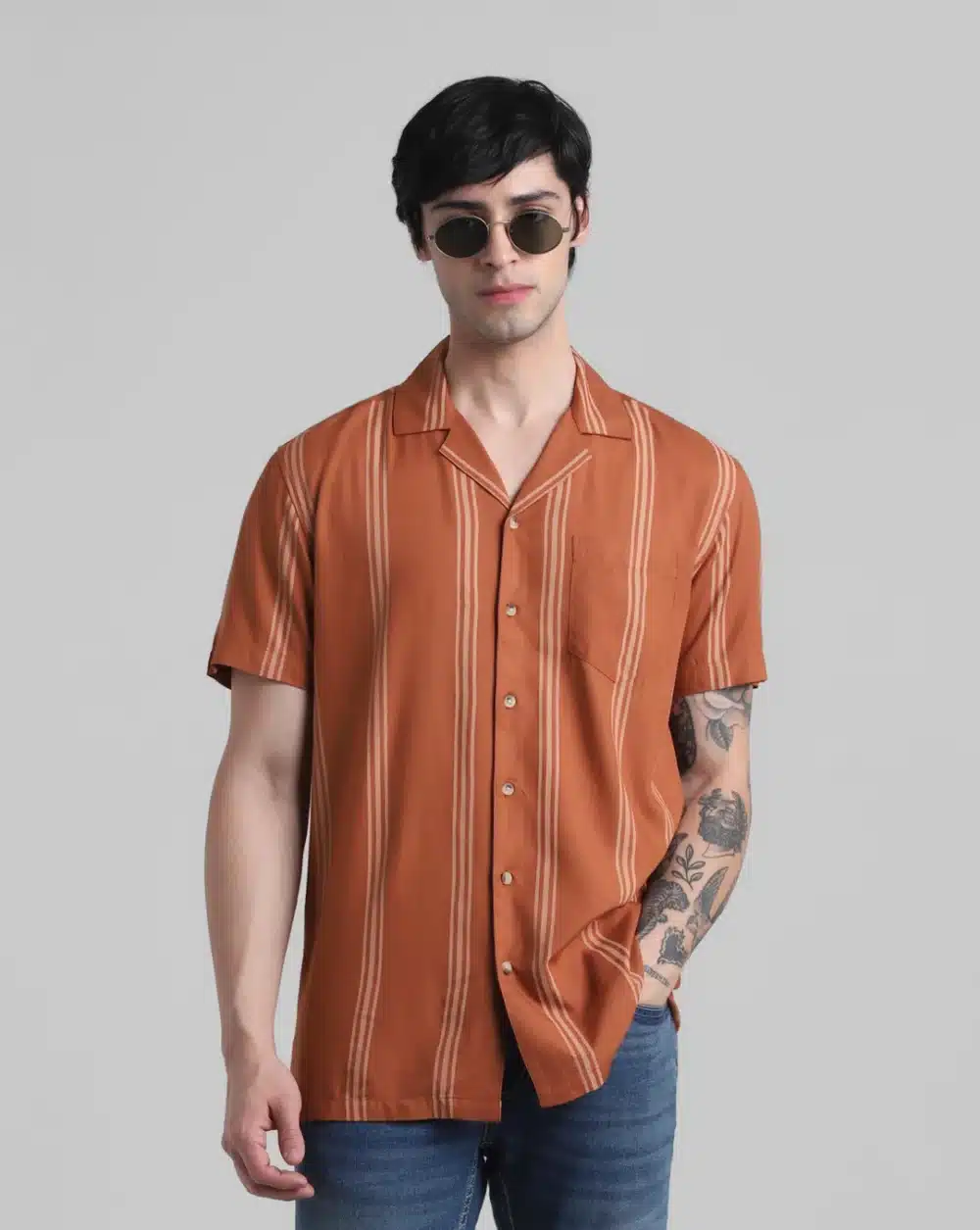 Brown Striped Short Sleeves Shirt