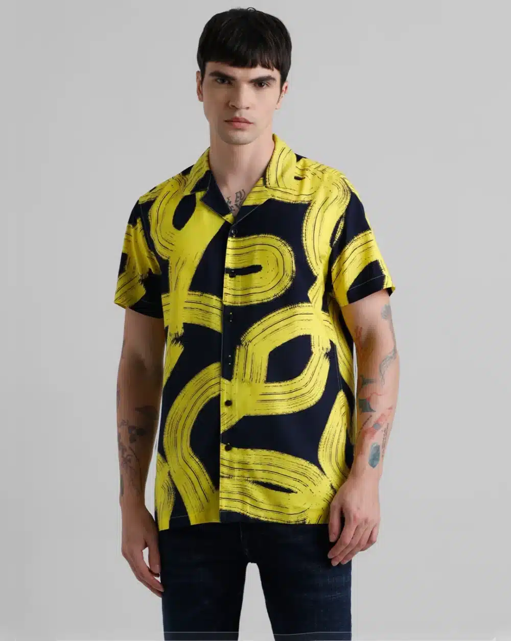 Yellow Abstract Print Short Sleeves Shirt