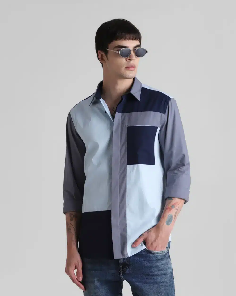 Blue Colourblocked Full Sleeves Shirt - Image 2